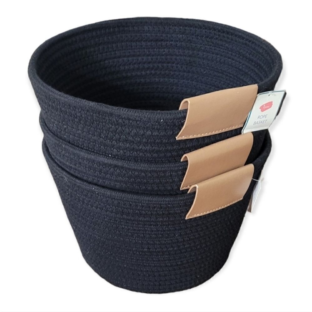 Bundle of 3 black rope baskets with brown leather accents